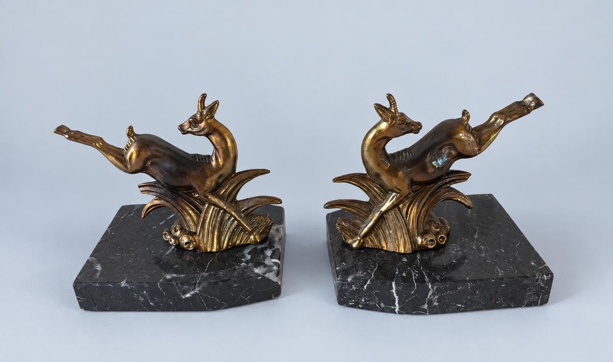 Vintage Pair of Art Deco Leaping Deer Bookends, Gilt-Tone Spelter on Black Marble Bases, 9 cm