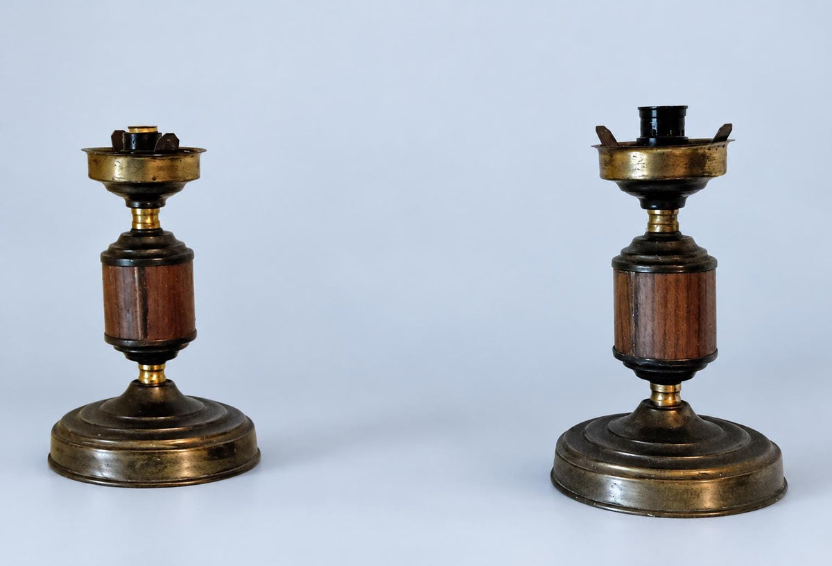 Vintage Pair of Small Brass Bedside Lamps with Wood-Effect Panels, Sold Without Shades, 18 cm