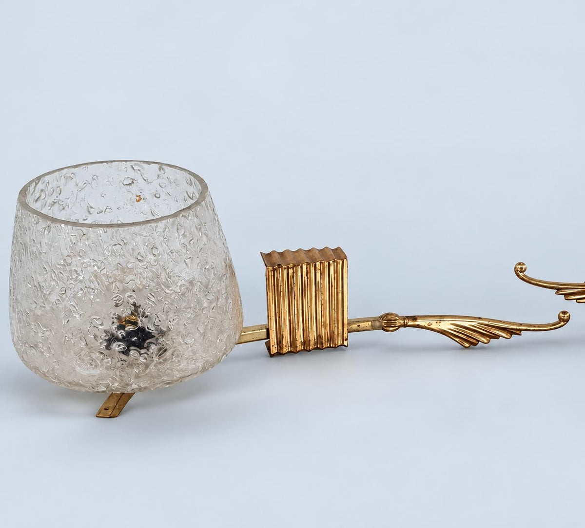 Vintage Pair of Brass Wall Sconces, Attributed 1960s–70s, Leaf Arms with Textured Bubble Glass Shades, 37 cm