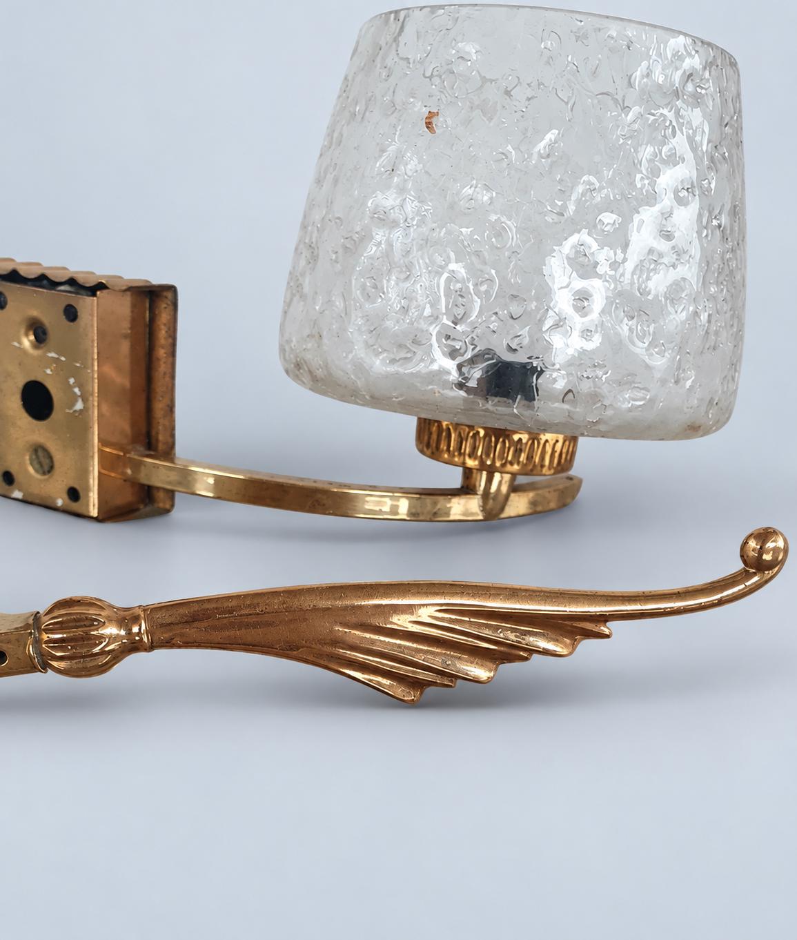 Vintage Pair of Brass Wall Sconces, Attributed 1960s–70s, Leaf Arms with Textured Bubble Glass Shades, 37 cm