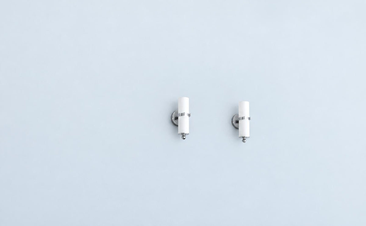 Vintage Pair of Chrome Wall Sconces, Attributed 1970s, White Glass Cylinder Shades with Ball Finials, 21 cm