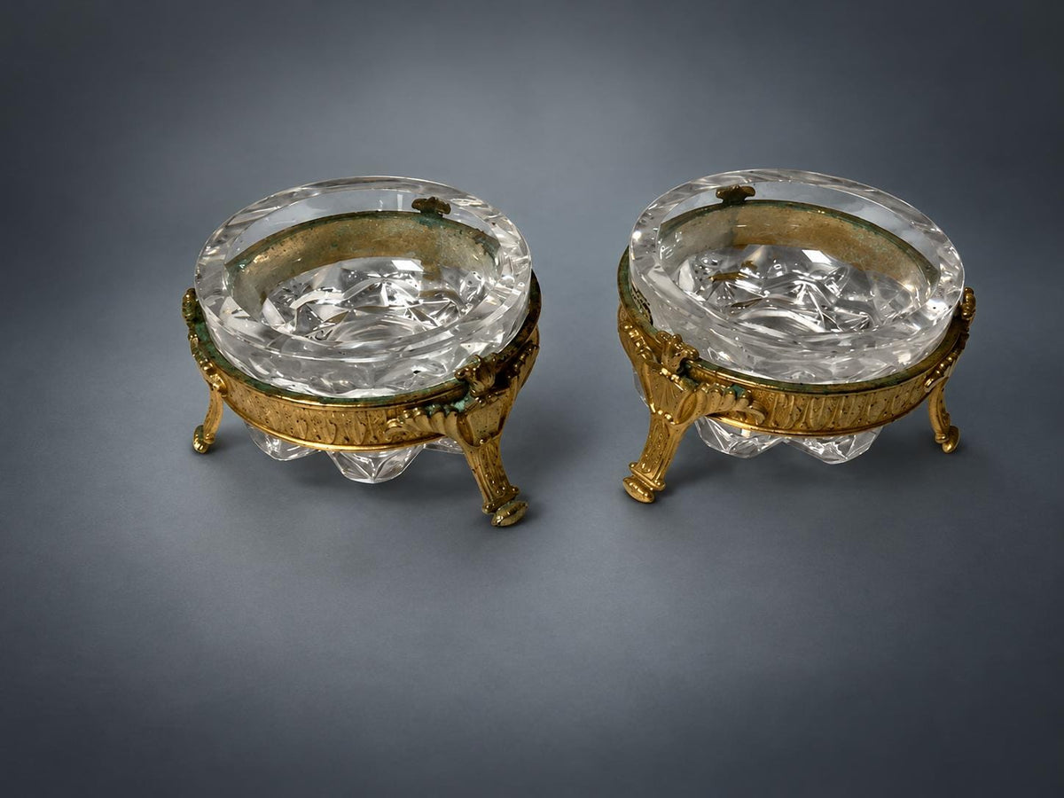 Pair of Gilt Metal Mounted Faceted Glass Trinket Dishes, Three-Footed European Vanity Ware