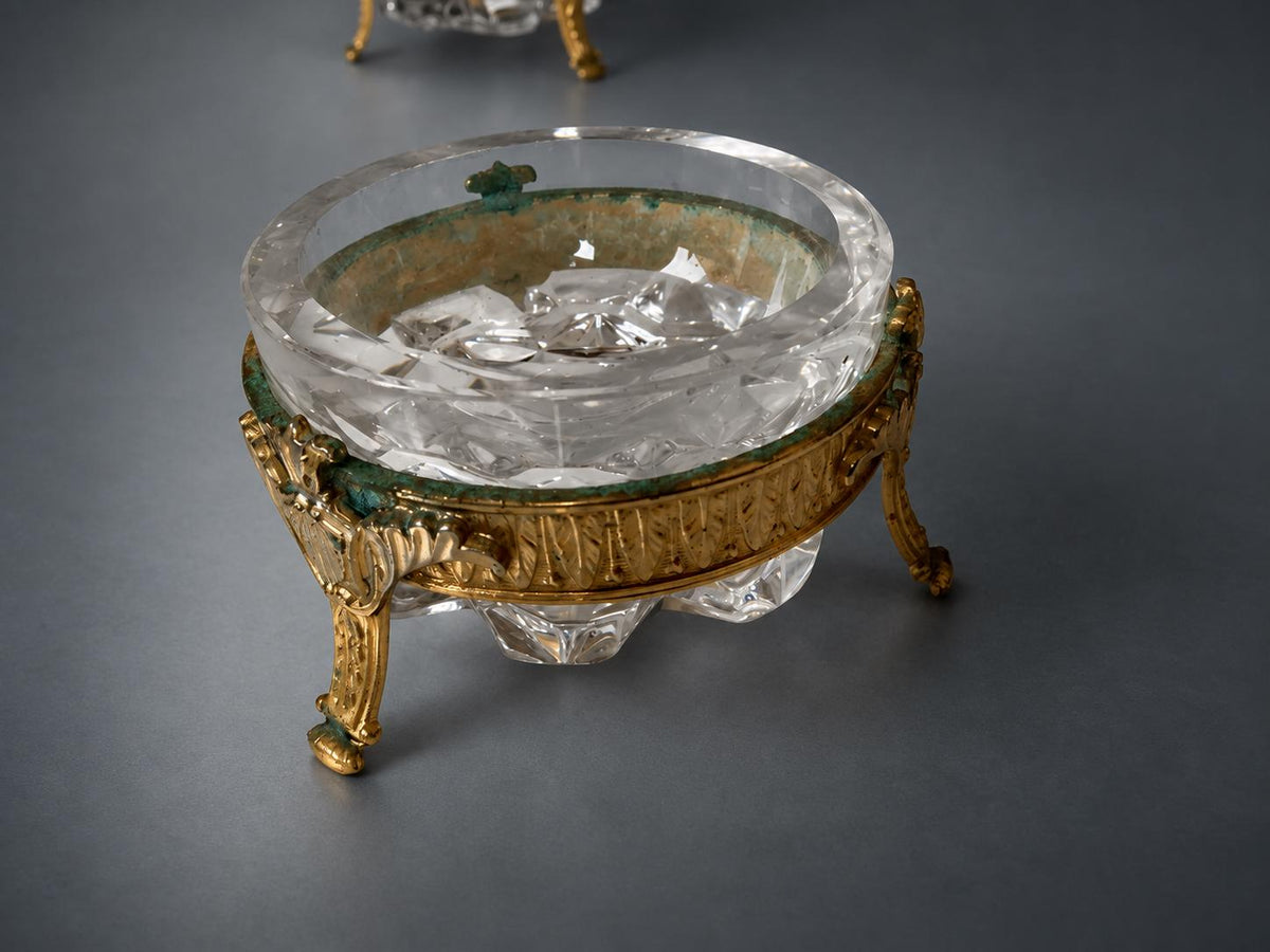 Pair of Gilt Metal Mounted Faceted Glass Trinket Dishes, Three-Footed European Vanity Ware