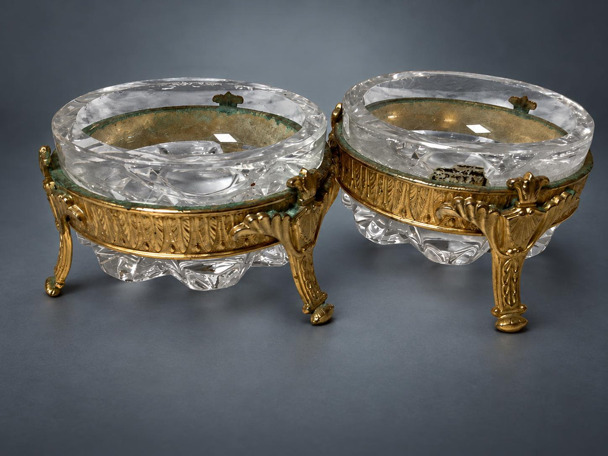 Pair of Gilt Metal Mounted Faceted Glass Trinket Dishes, Three-Footed European Vanity Ware
