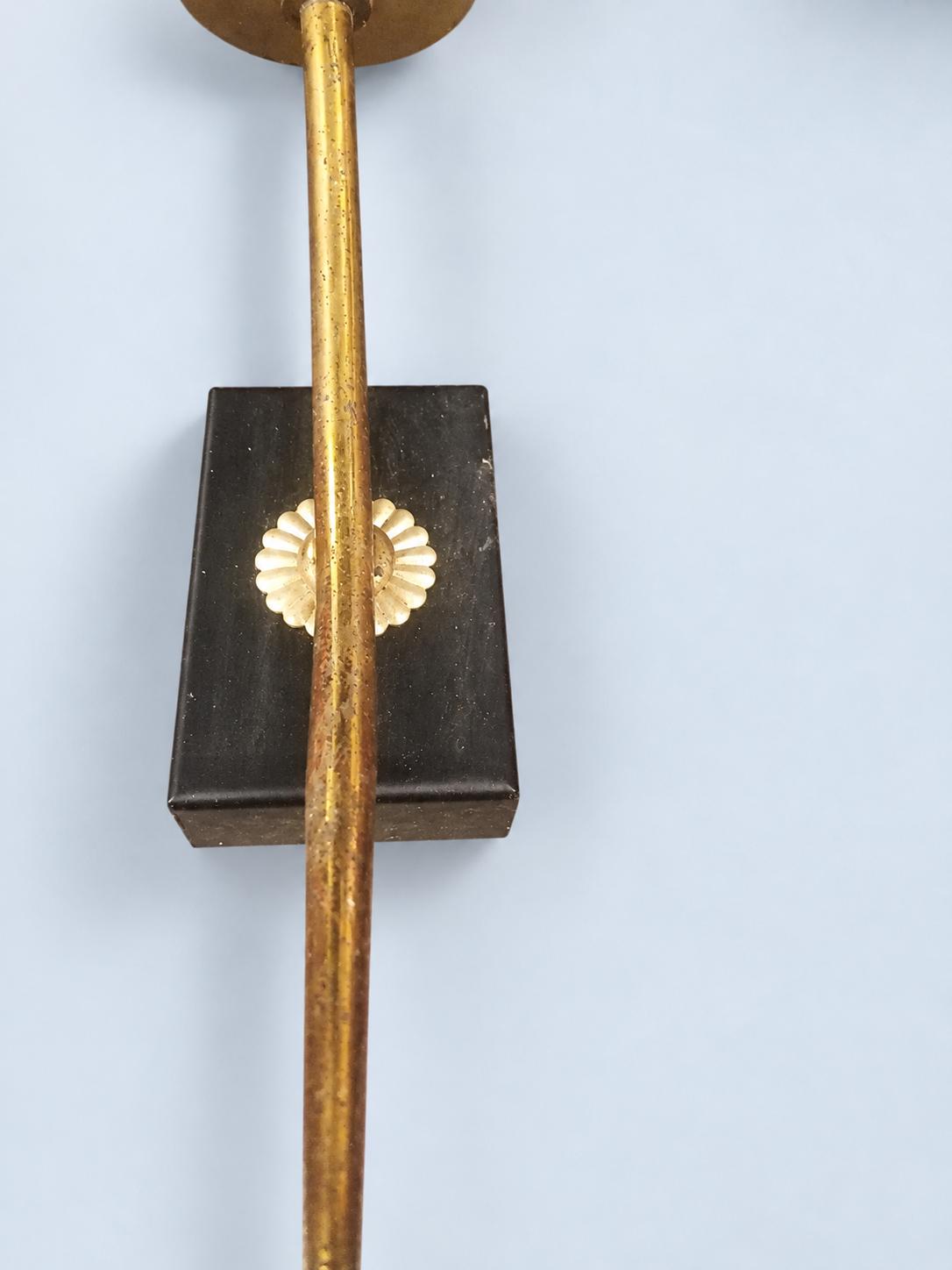 Vintage Pair of Brass Wall Sconces, Attributed 1950s–60s, Tall Pressed Glass Shades on Black Wall Plates with Rosettes, 34 cm