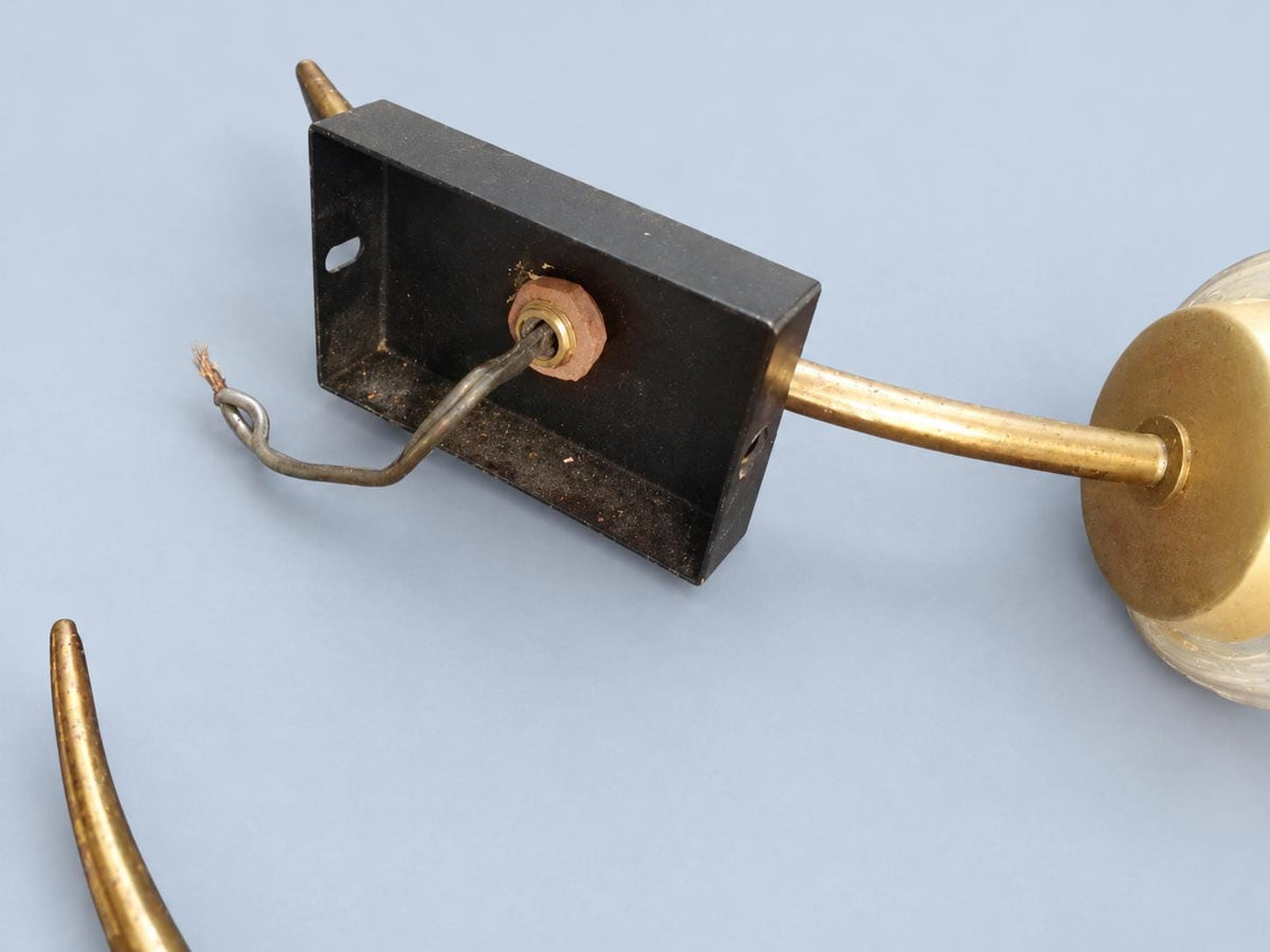 Vintage Pair of Brass Wall Sconces, Attributed 1950s–60s, Tall Pressed Glass Shades on Black Wall Plates with Rosettes, 34 cm