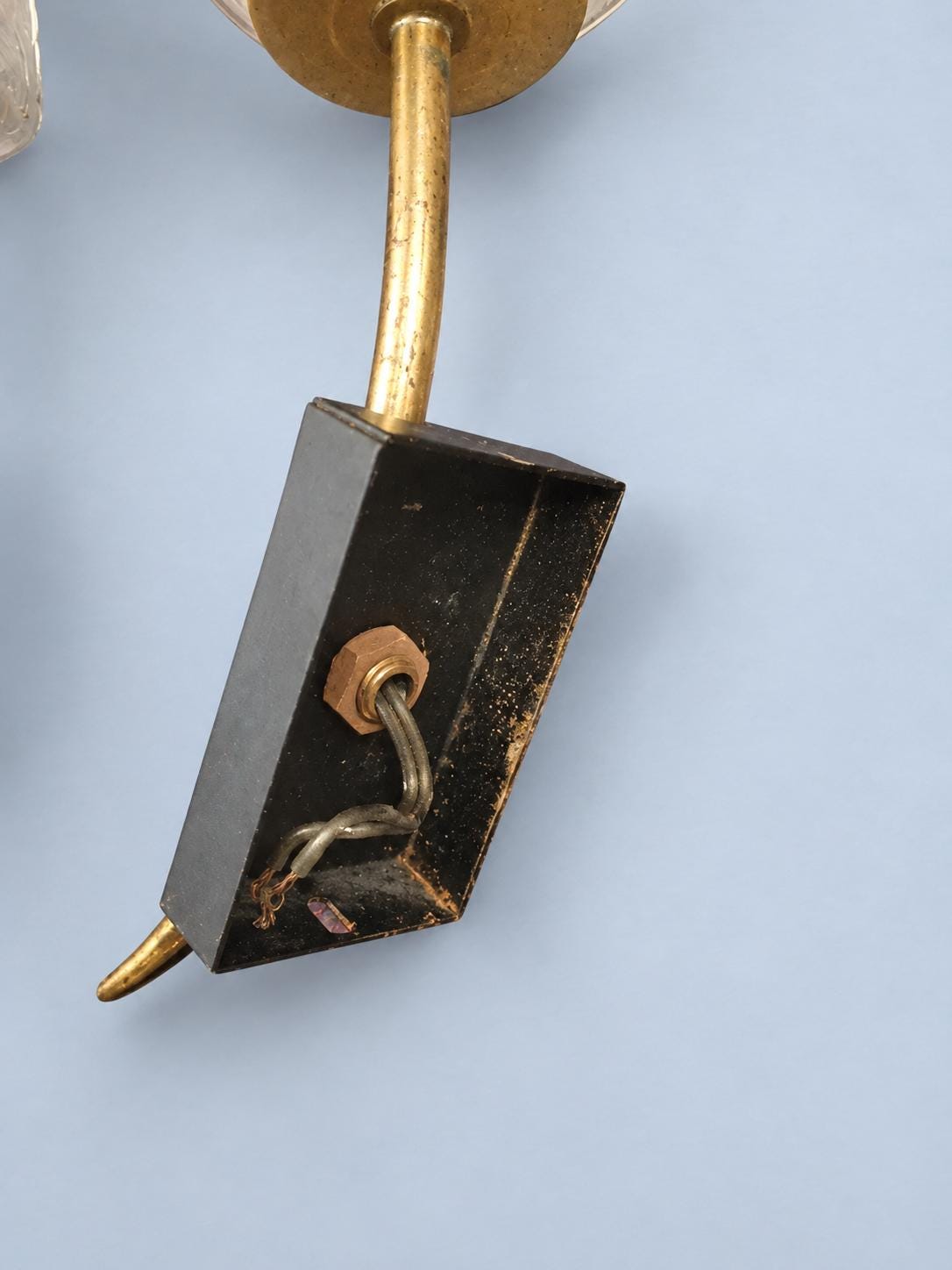 Vintage Pair of Brass Wall Sconces, Attributed 1950s–60s, Tall Pressed Glass Shades on Black Wall Plates with Rosettes, 34 cm