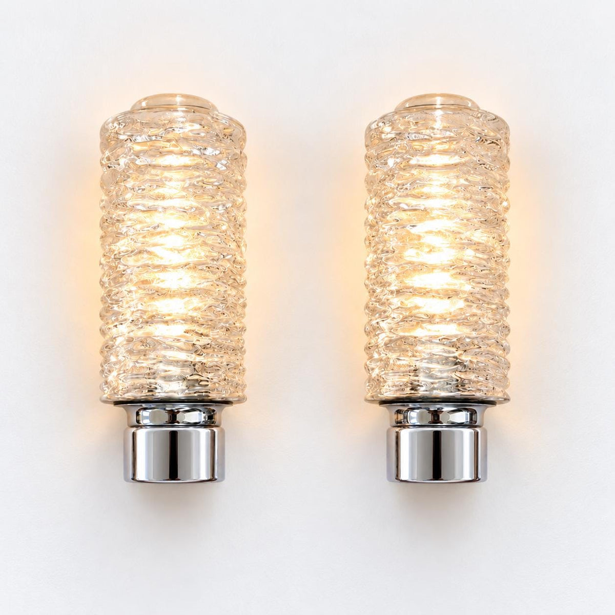 Vintage Pair of Ice Glass Wall Sconces, Attributed 1970s, Chrome-Finish Metal with Textured Clear Glass Shades, 20 cm