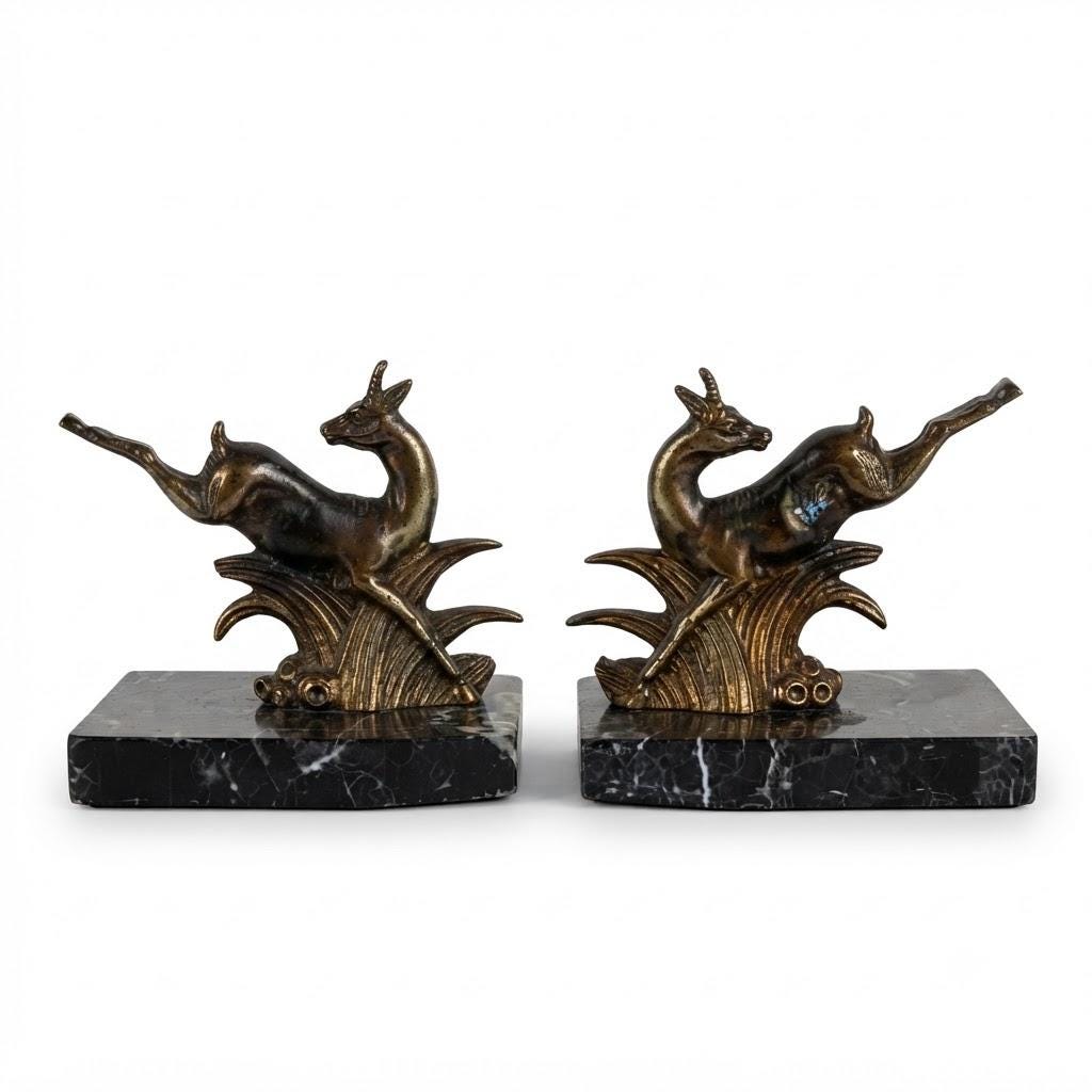 Vintage Pair of Art Deco Leaping Deer Bookends, Gilt-Tone Spelter on Black Marble Bases, 9 cm
