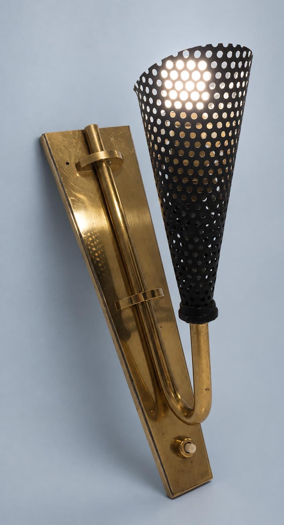 Vintage Wall Sconce with Black Perforated Metal Cone, Attributed 1950s, Gilt Metal Bracket, 25 cm