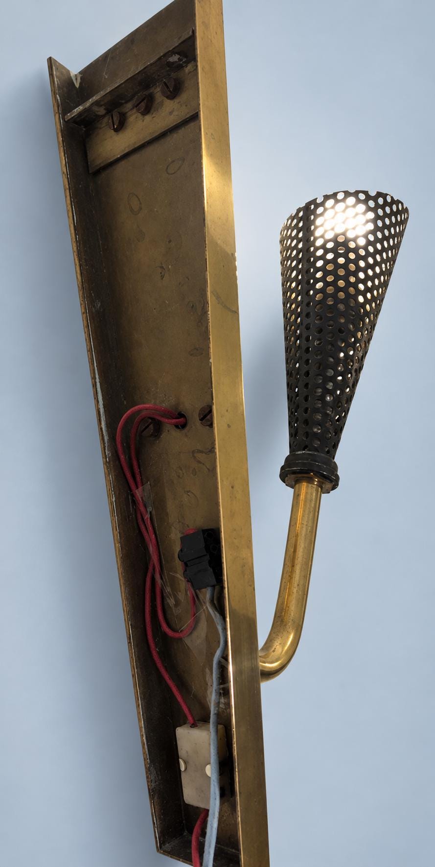 Vintage Wall Sconce with Black Perforated Metal Cone, Attributed 1950s, Gilt Metal Bracket, 25 cm