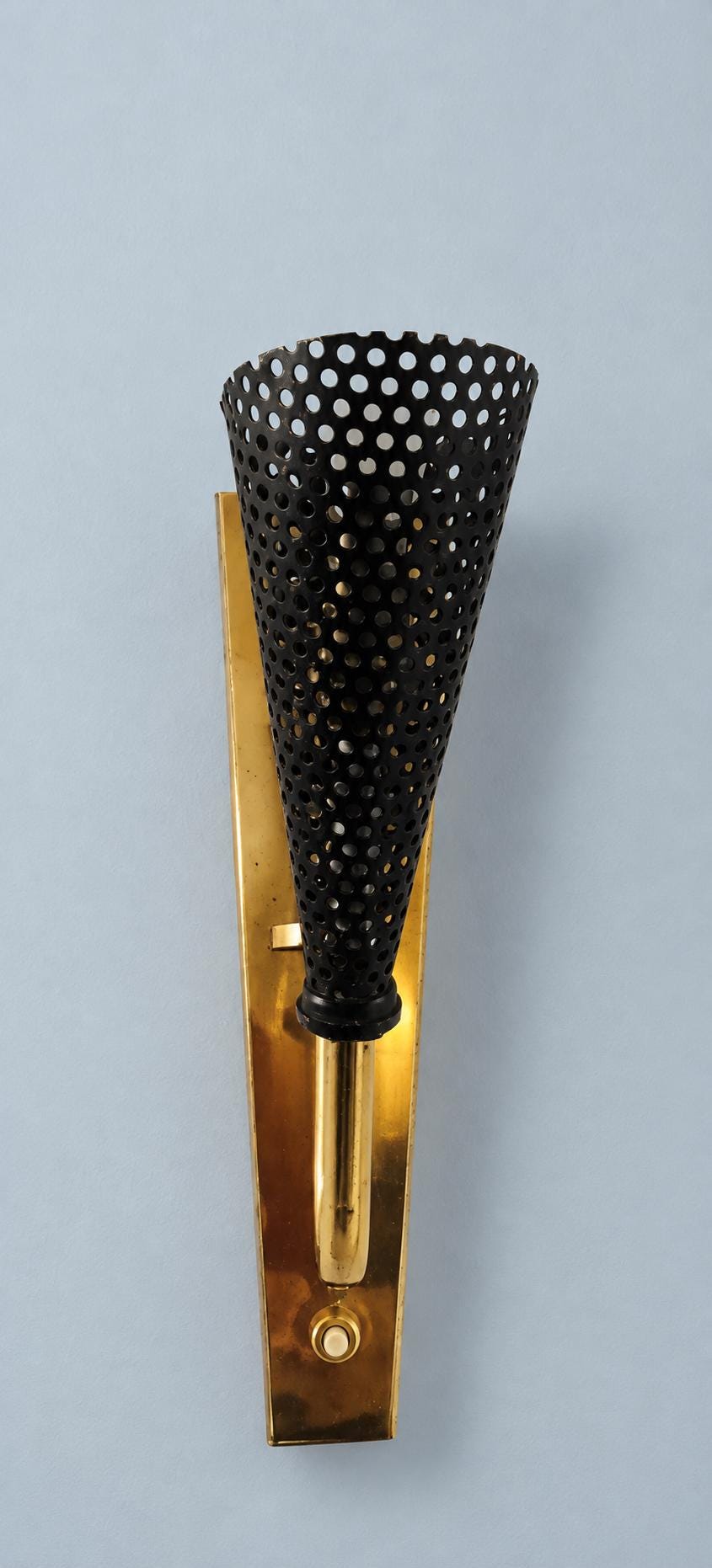Vintage Wall Sconce with Black Perforated Metal Cone, Attributed 1950s, Gilt Metal Bracket, 25 cm