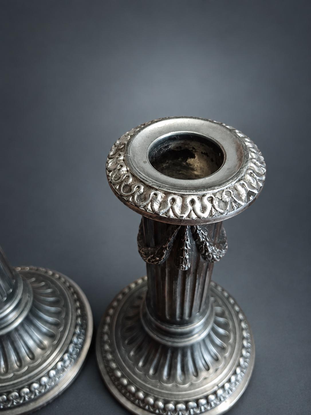 Pair of Napoleon III Style Column Candlesticks, Silver-Tone Metal, Fluted Stems with Ribbon-Tied Garlands, Gadrooned Bases