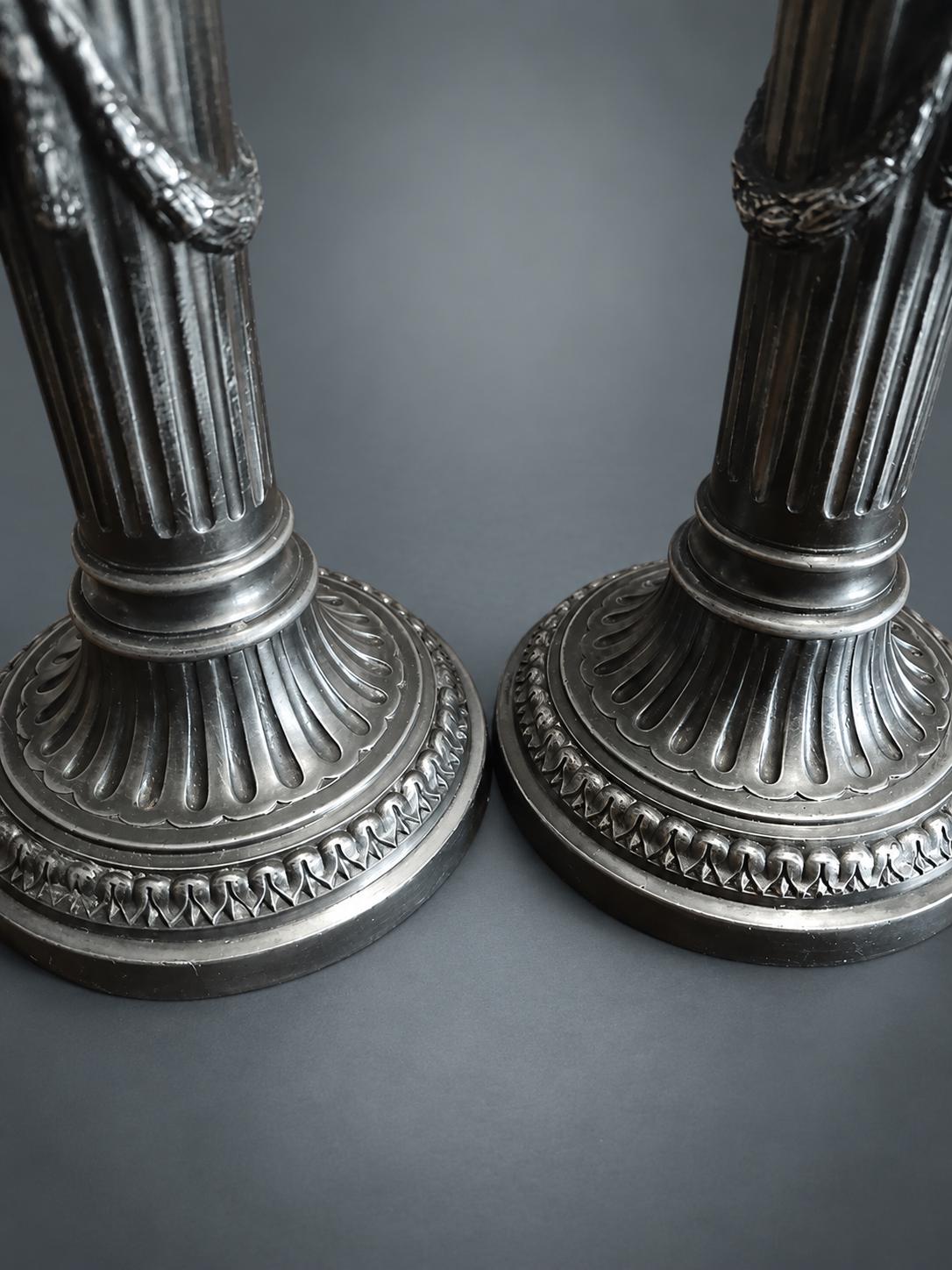 Pair of Napoleon III Style Column Candlesticks, Silver-Tone Metal, Fluted Stems with Ribbon-Tied Garlands, Gadrooned Bases
