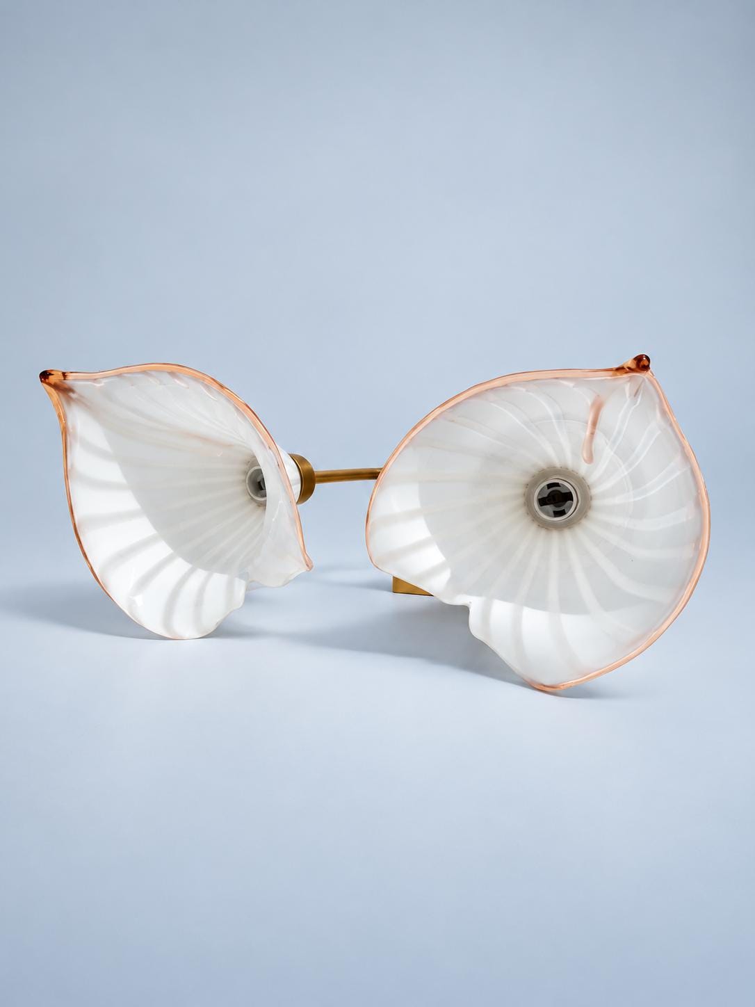 Double Wall Sconce with Calla Lily Glass Shades, White Striped Glass with Pink Rims, Gilt Metal Arms, 52 cm