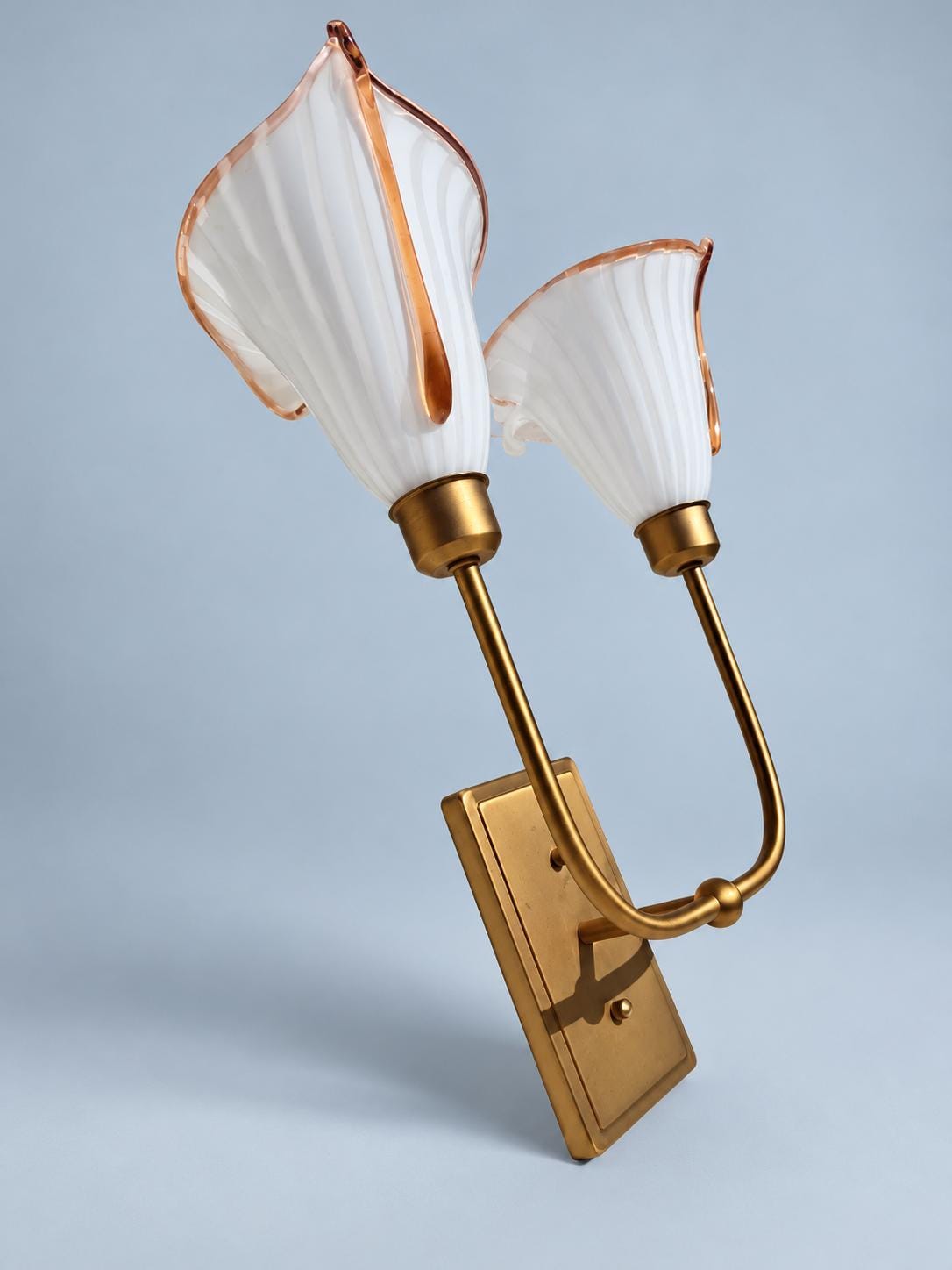Double Wall Sconce with Calla Lily Glass Shades, White Striped Glass with Pink Rims, Gilt Metal Arms, 52 cm