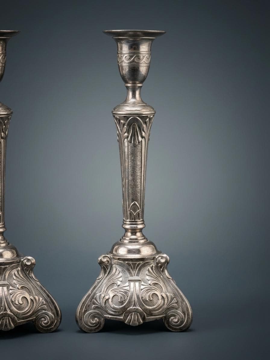 Pair of Baroque Revival Candlesticks, Silver-Tone Metal, Triangular Scroll-Foot Bases with Acanthus Relief, Textured Stems