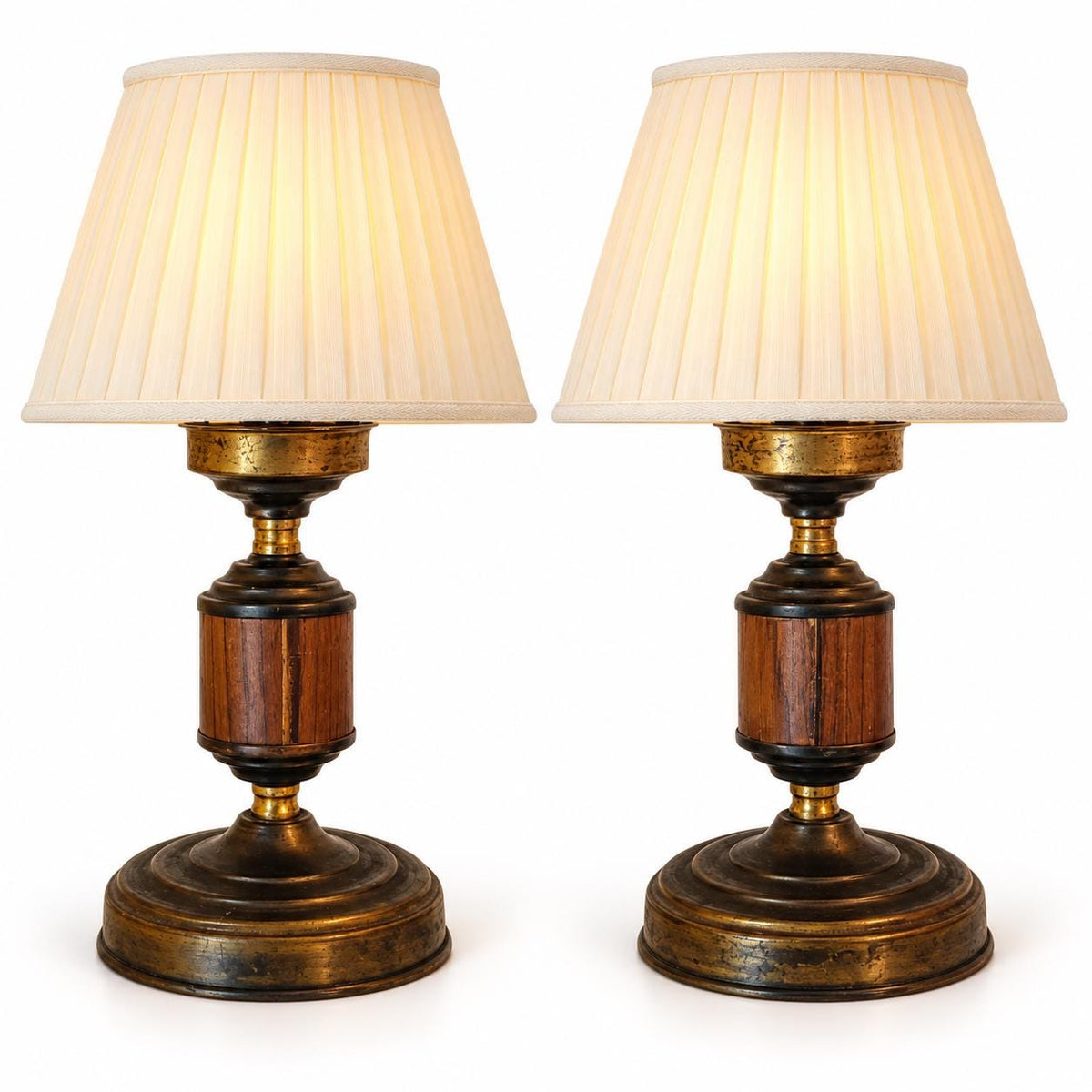 Vintage Pair of Small Brass Bedside Lamps with Wood-Effect Panels, Sold Without Shades, 18 cm