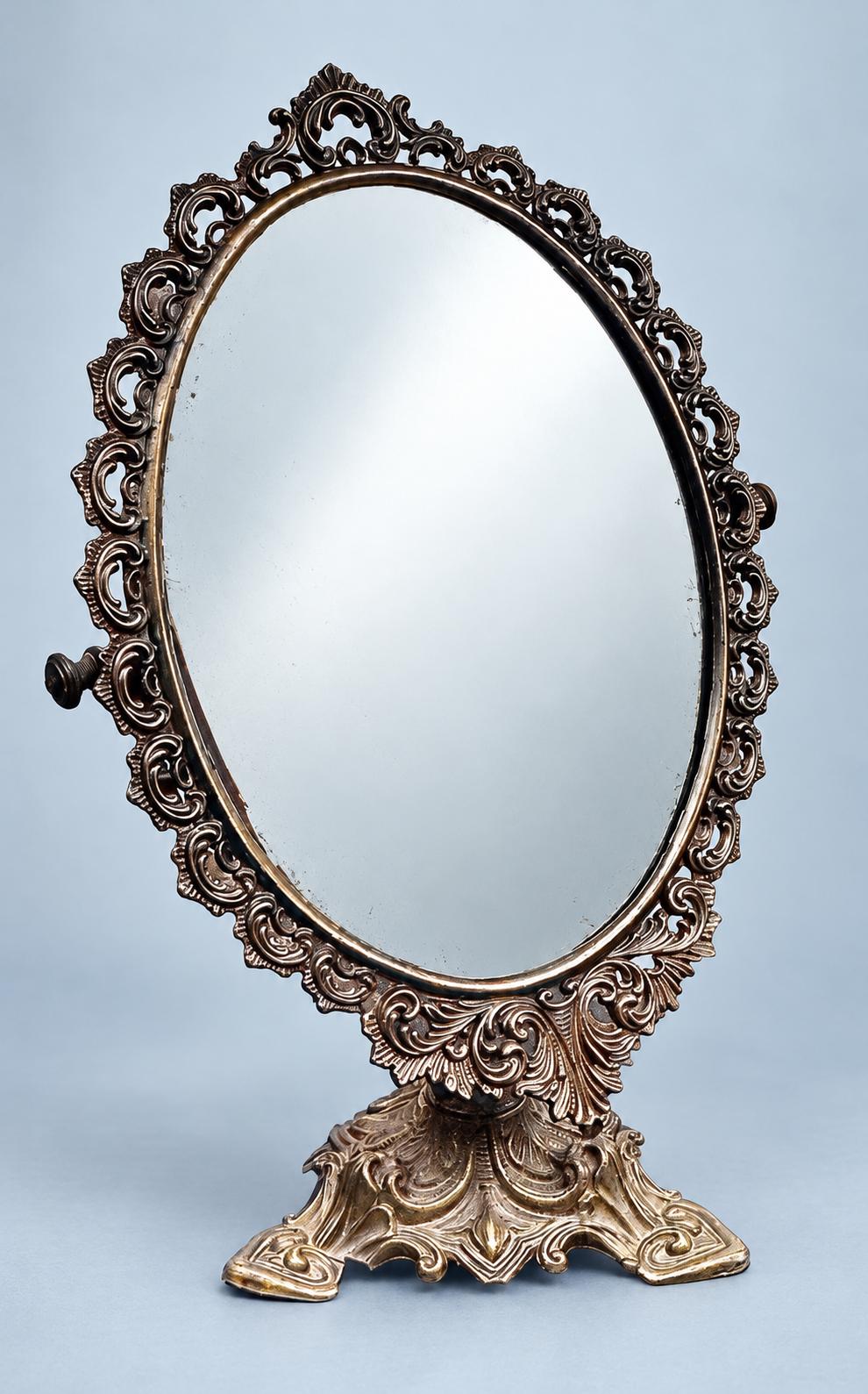 Baroque Style Tilting Vanity Mirror, Oval Glass in Pierced Scrolling Patinated Metal Frame on Pedestal Base, 46 cm
