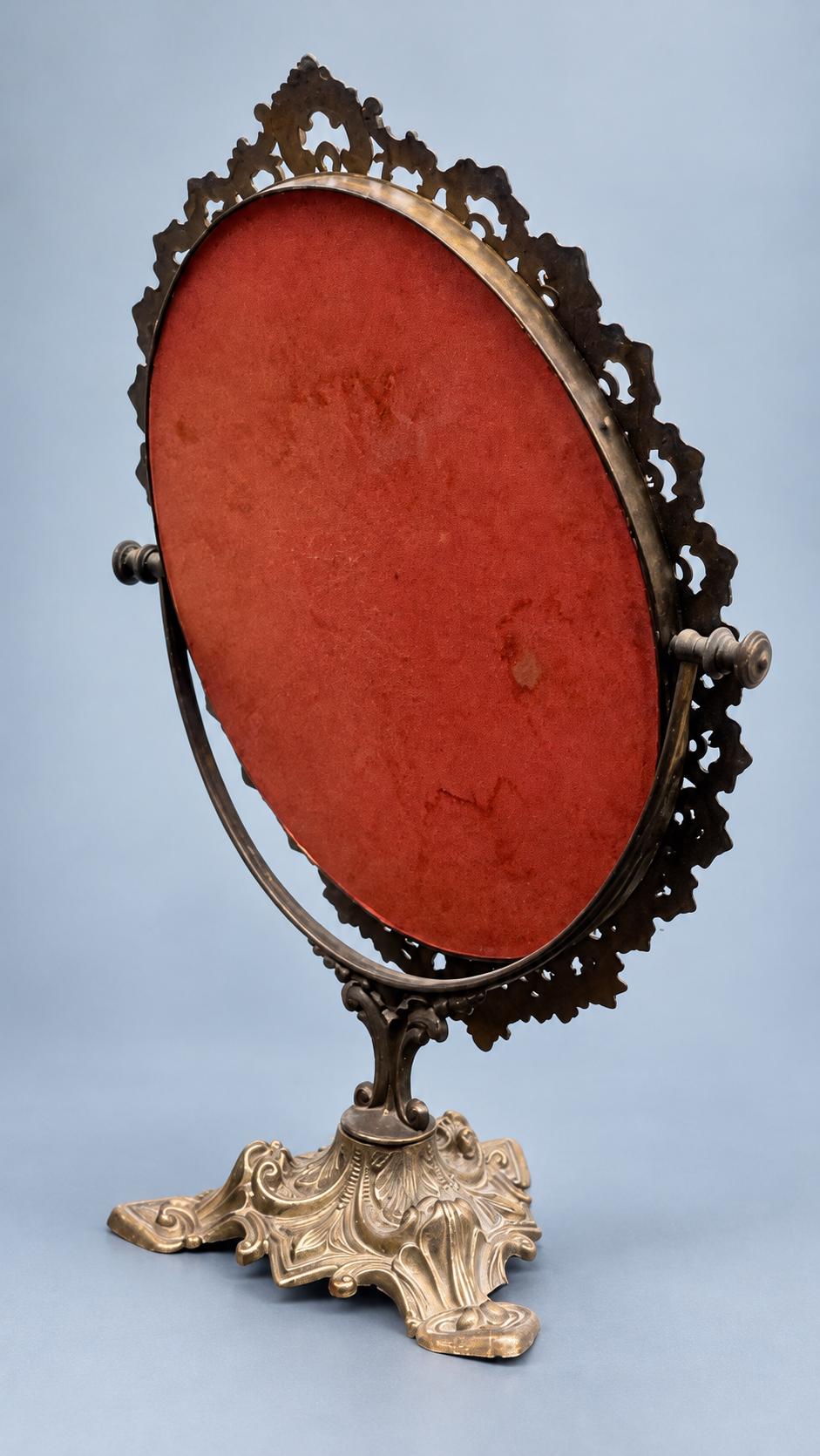 Baroque Style Tilting Vanity Mirror, Oval Glass in Pierced Scrolling Patinated Metal Frame on Pedestal Base, 46 cm