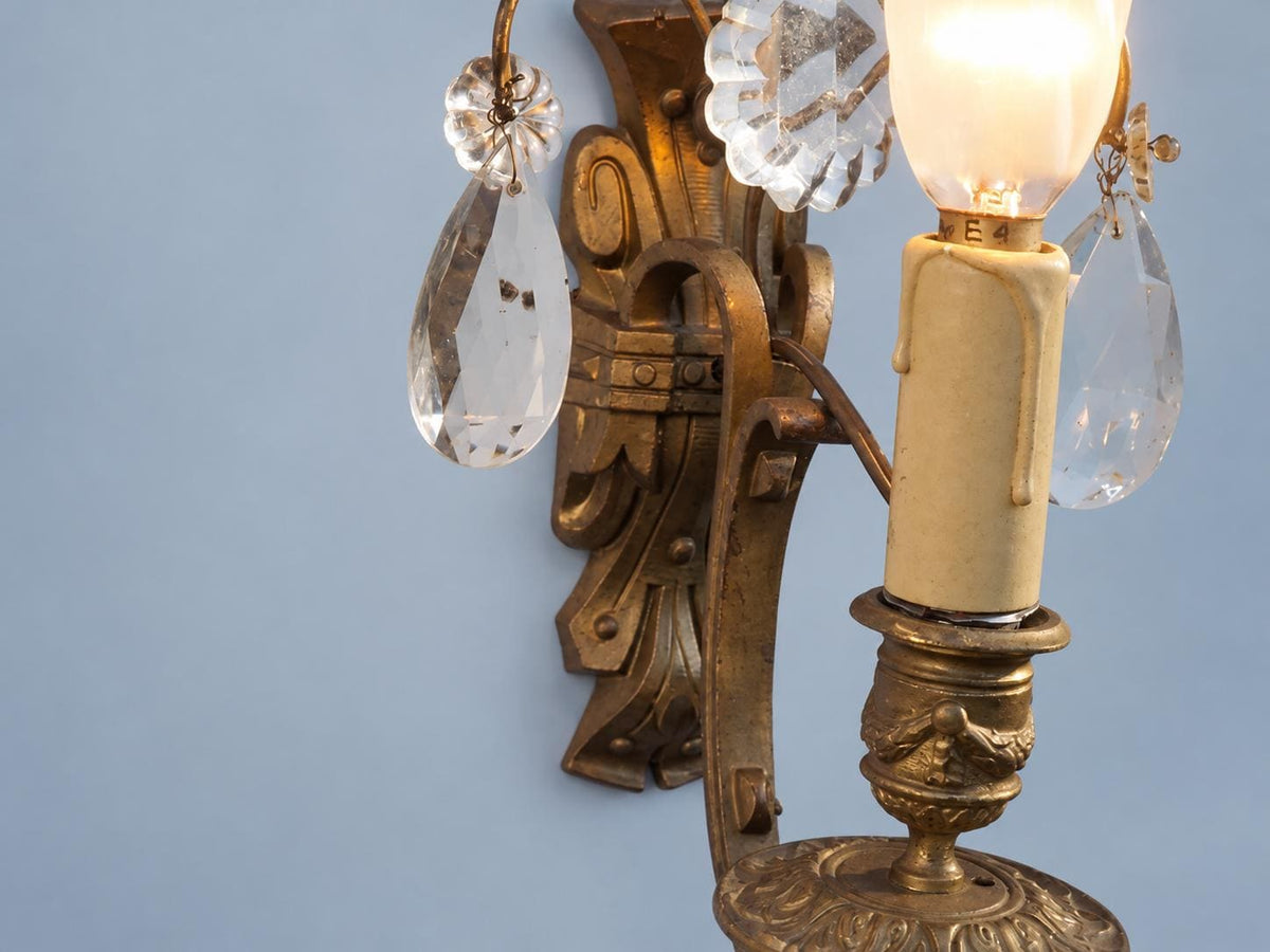 Vintage Pair of Girandole Wall Sconces, Attributed 19th Century, Gilt Metal with Faceted Glass Drops, Single Light, 33 cm