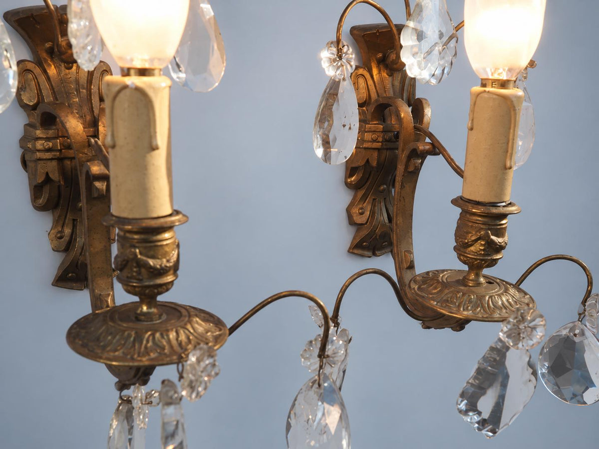 Vintage Pair of Girandole Wall Sconces, Attributed 19th Century, Gilt Metal with Faceted Glass Drops, Single Light, 33 cm