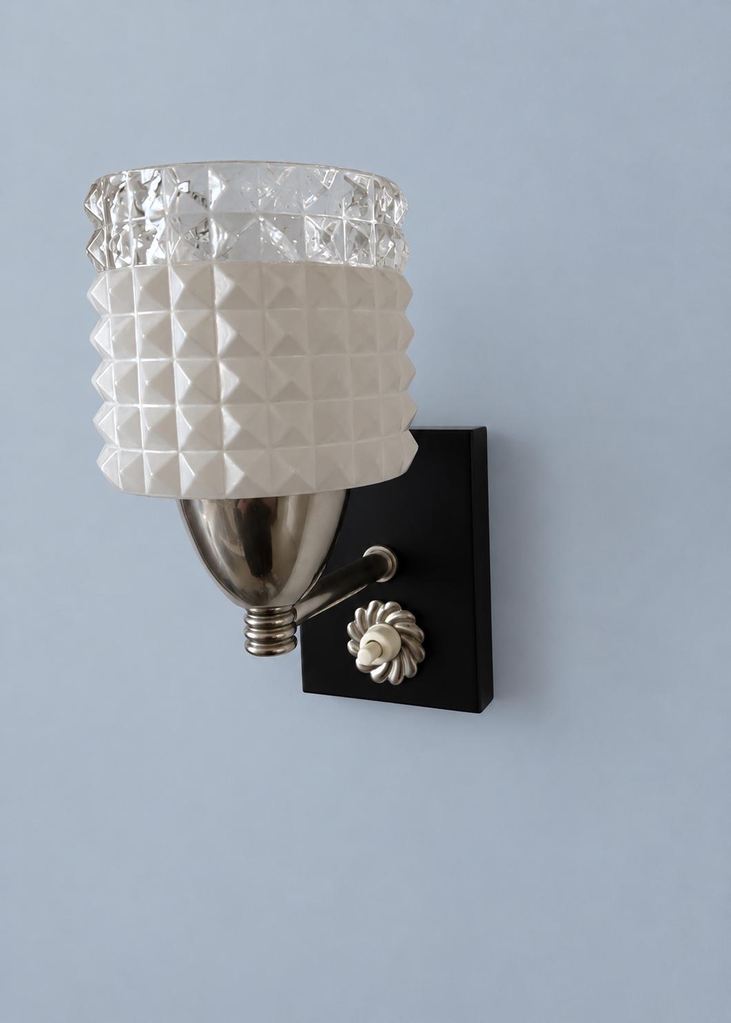 Vintage Chrome and Black Wall Sconce with Pyramid Glass Shade and Rosette Push Switch