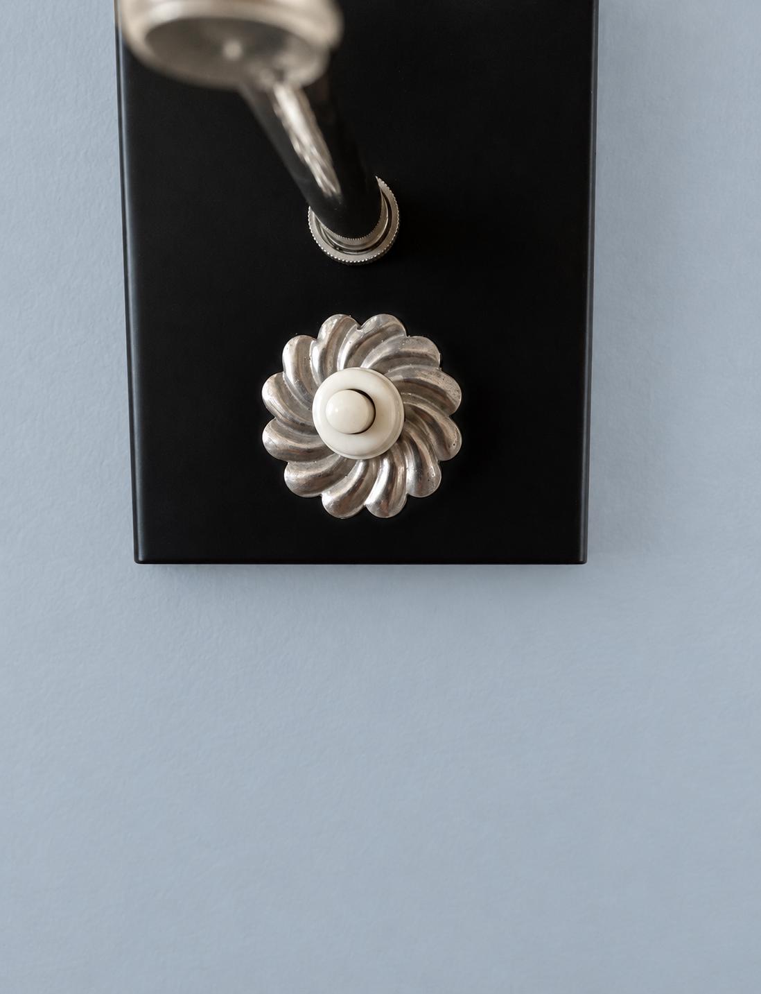 Vintage Chrome and Black Wall Sconce with Pyramid Glass Shade and Rosette Push Switch