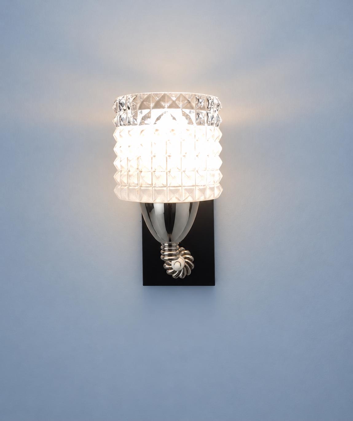 Vintage Chrome and Black Wall Sconce with Pyramid Glass Shade and Rosette Push Switch