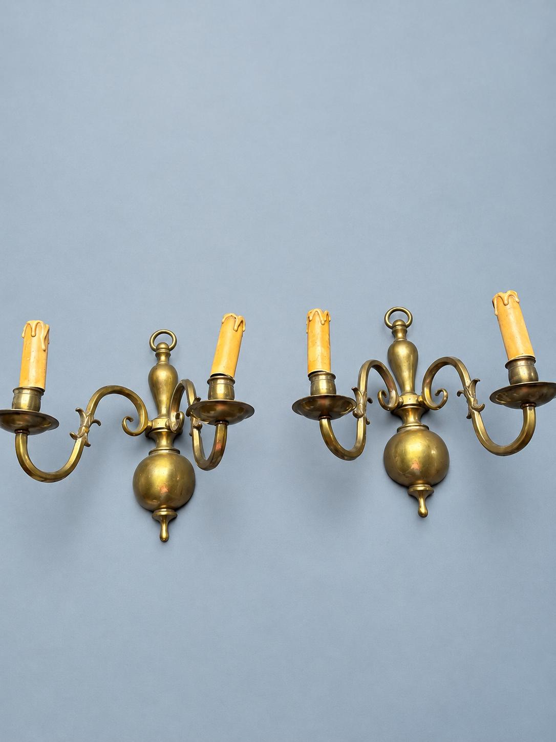 Vintage Pair of Brass Two-Light Wall Sconces, Dutch Baroque Style with Ball Body and Scroll Arms, 30 cm