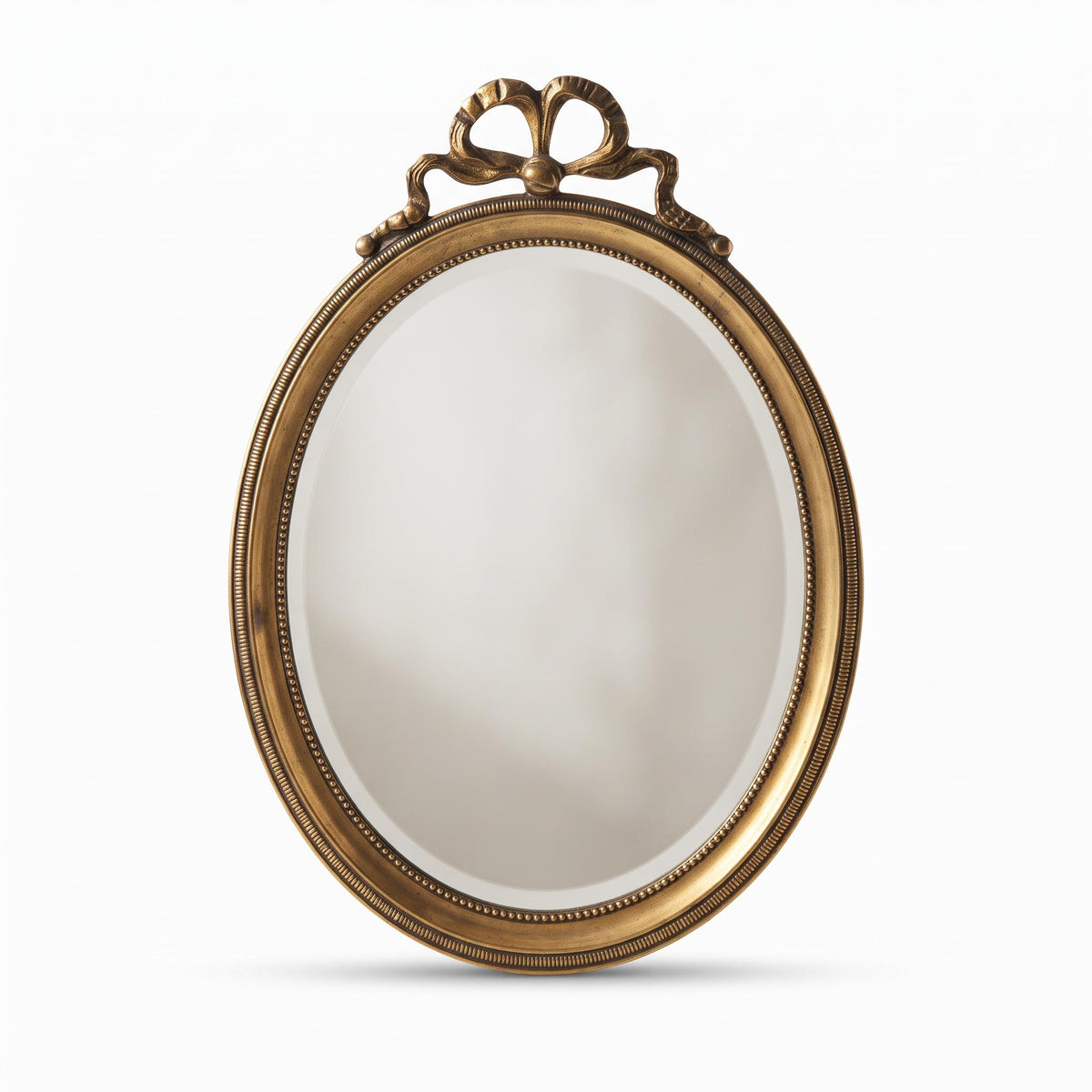 Small Oval Louis XVI Style Wall Mirror, Gilt Metal Frame with Ribbon-Bow Crest and Beaded Borders