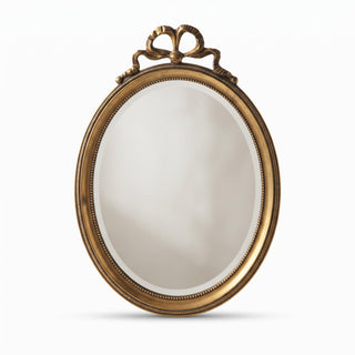 Small Oval Louis XVI Style Wall Mirror, Gilt Metal Frame with Ribbon-Bow Crest and Beaded Borders