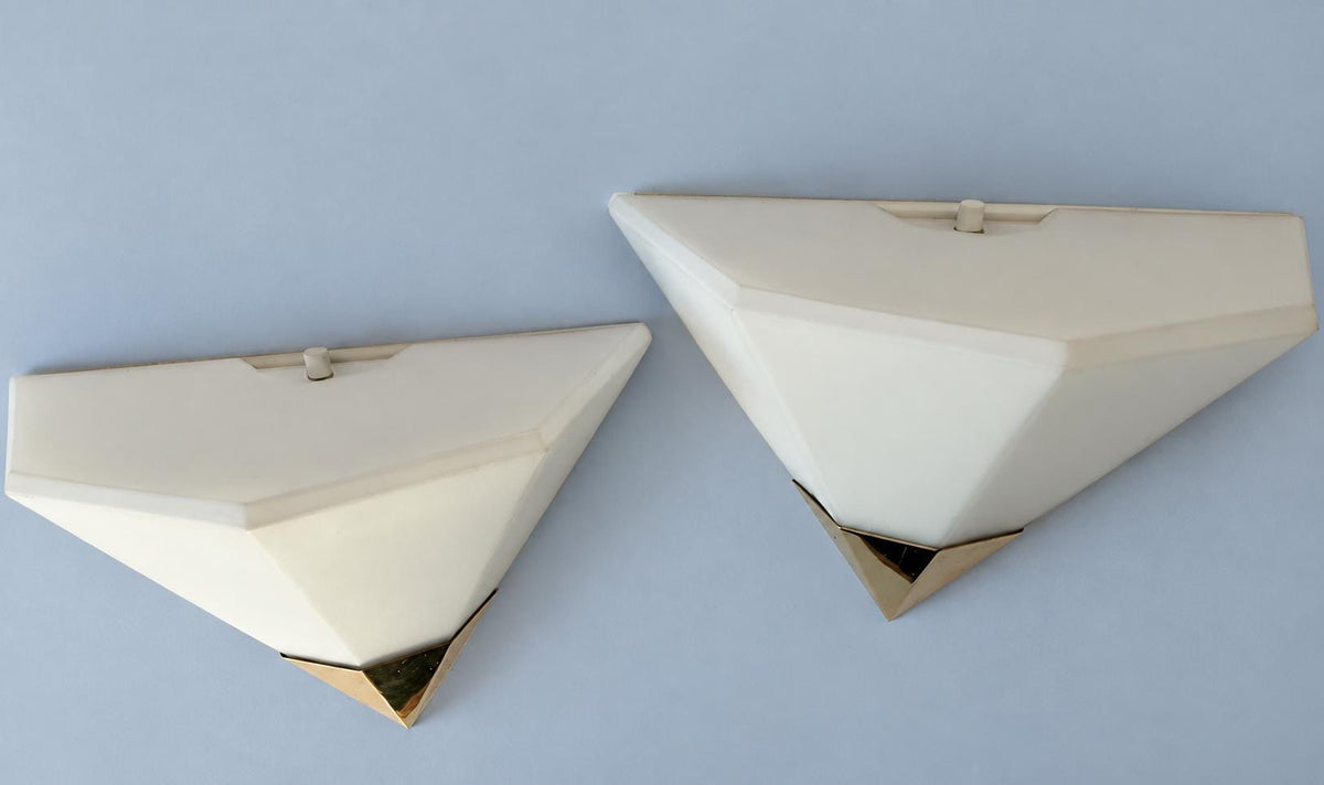Vintage Pair of Geometric Wall Sconces, Attributed 1970s, Faceted White Glass Uplights with Polished Brass Points, 27 cm