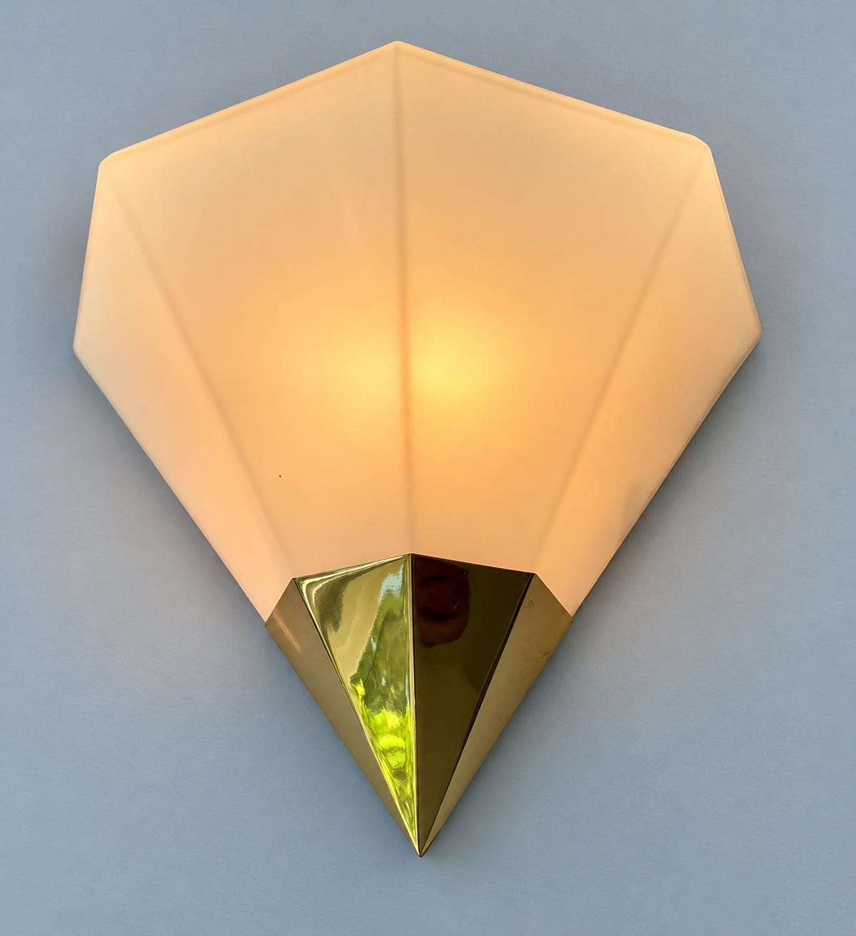 Vintage Pair of Geometric Wall Sconces, Attributed 1970s, Faceted White Glass Uplights with Polished Brass Points, 27 cm