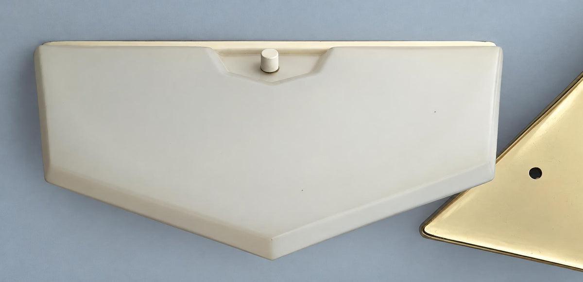 Vintage Pair of Geometric Wall Sconces, Attributed 1970s, Faceted White Glass Uplights with Polished Brass Points, 27 cm
