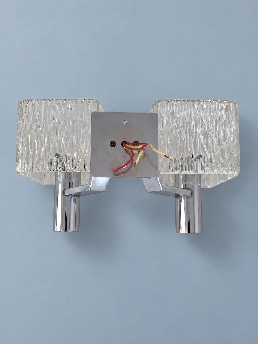 Vintage Double Wall Sconce, Attributed 1970s, Cube Ice Glass Shades on Chrome-Finish Arms, 35 cm