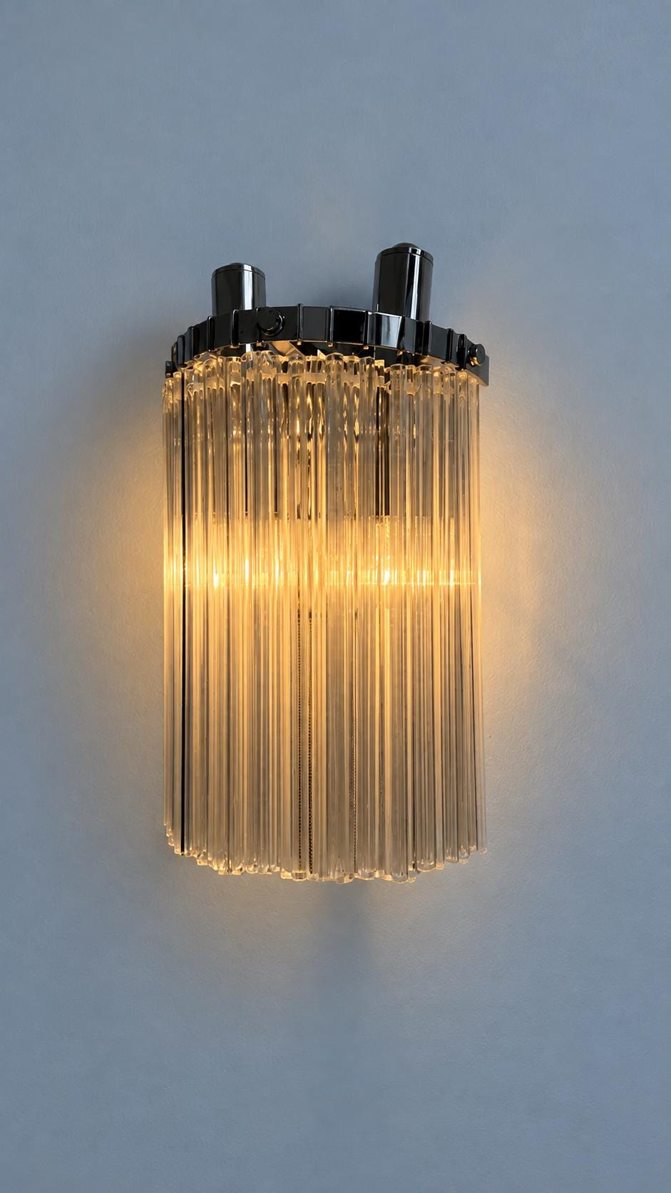 Vintage Glass Rod Wall Sconce, Cascade of Clear Glass Rods on Chrome-Finish Frame, Two Lights, 30 cm