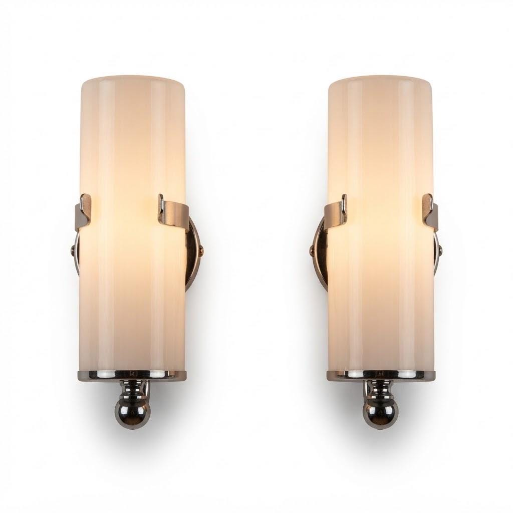 Vintage Pair of Chrome Wall Sconces, Attributed 1970s, White Glass Cylinder Shades with Ball Finials, 21 cm