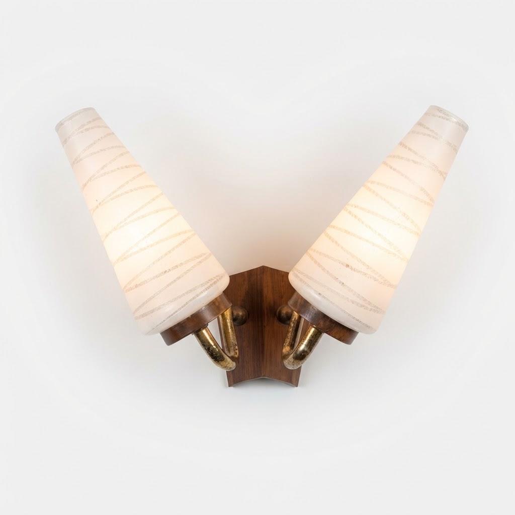 Vintage Double Wall Sconce, Attributed 1950s, White Glass Cone Shades with Line Pattern, Gilt Metal Arms on Wood-Tone Plate