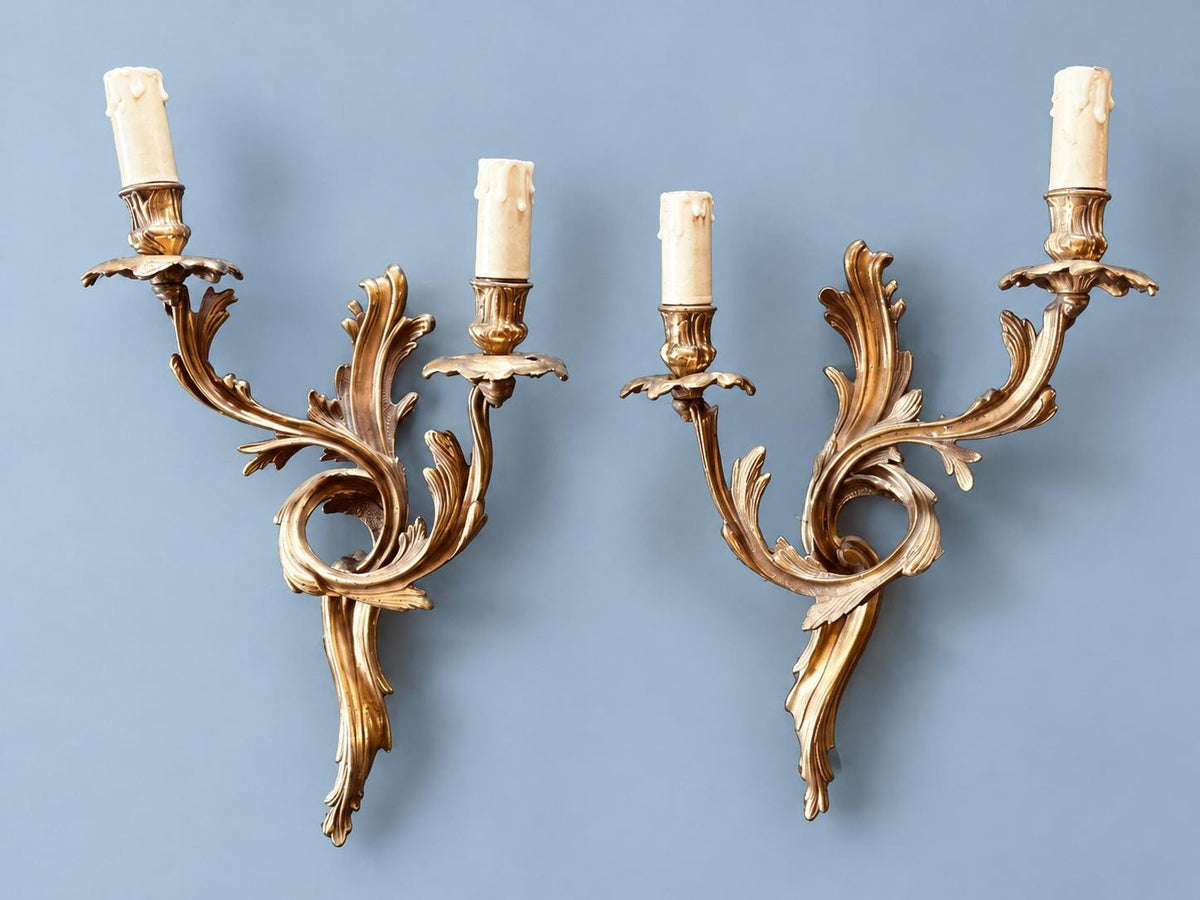 Vintage Pair of Louis XV Rocaille Style Wall Sconces, Gilt Metal Acanthus Scrolls, Two Lights Each, Mirror-Image Pair, 45 cm