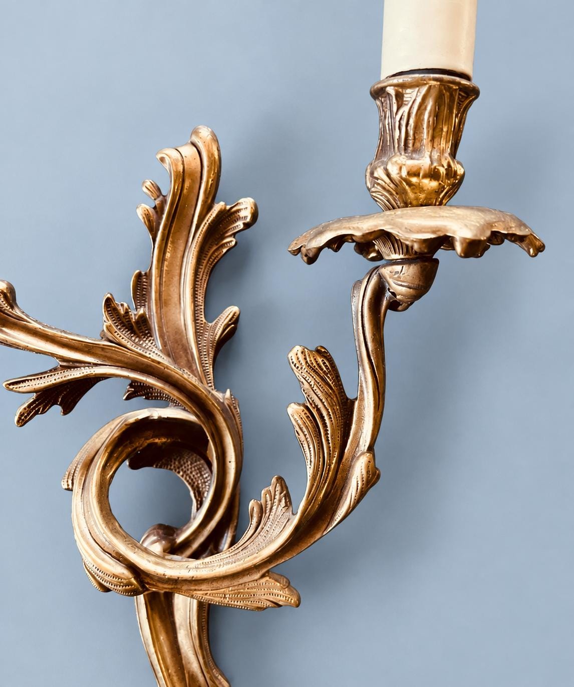 Vintage Pair of Louis XV Rocaille Style Wall Sconces, Gilt Metal Acanthus Scrolls, Two Lights Each, Mirror-Image Pair, 45 cm
