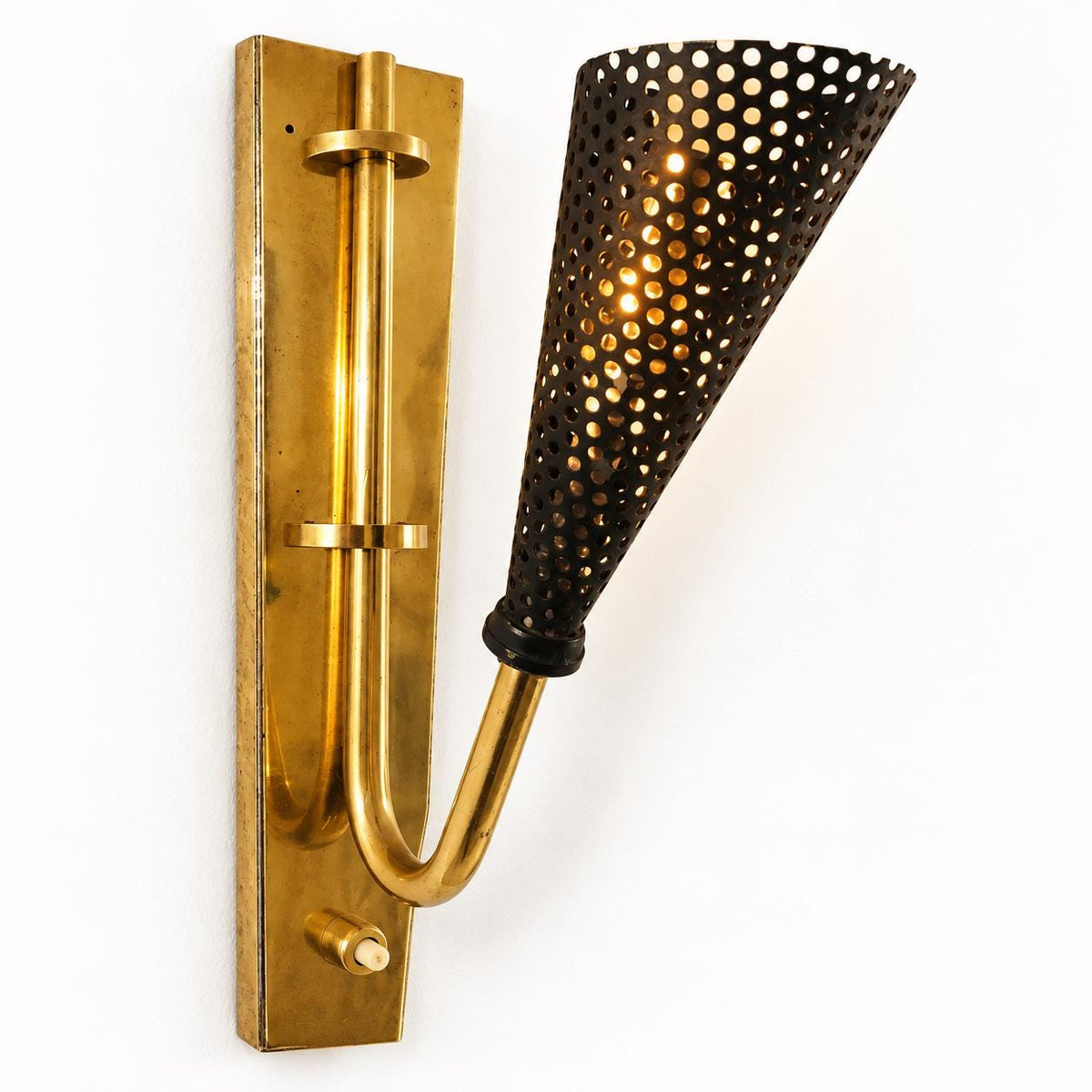 Vintage Wall Sconce with Black Perforated Metal Cone, Attributed 1950s, Gilt Metal Bracket, 25 cm