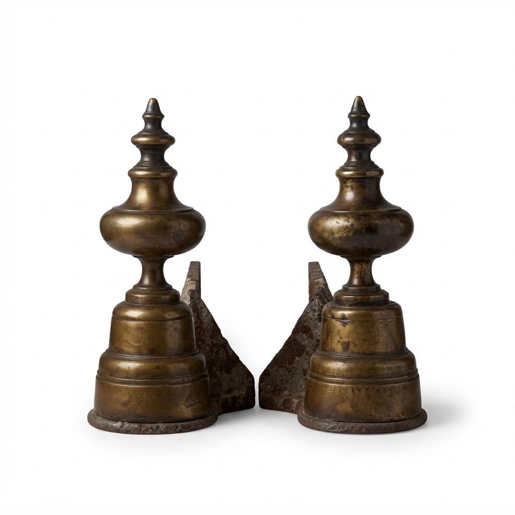 Vintage Pair of Fireplace Andirons, Louis XIV Style, Turned Brass-Tone Finials on Iron Log Supports, 20 cm