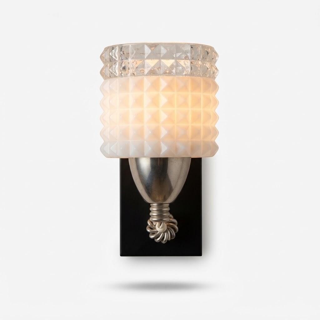 Vintage Chrome and Black Wall Sconce with Pyramid Glass Shade and Rosette Push Switch