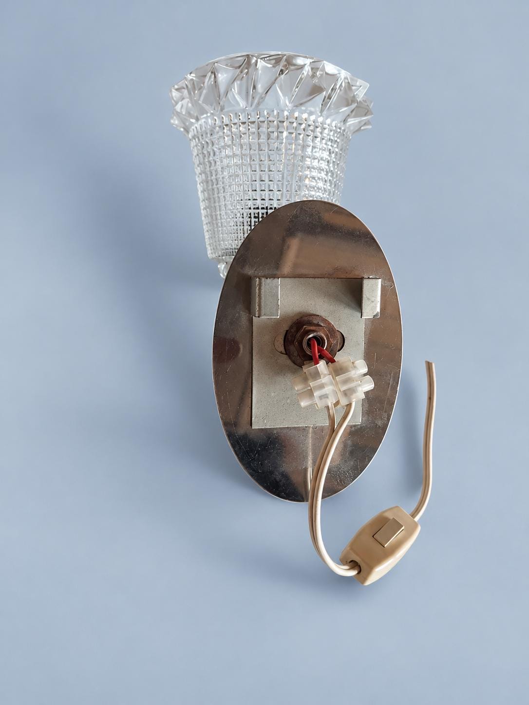 Vintage Mid-Century Wall Sconce, Wood and Chrome-Finish Torch Form with Textured Glass Tulip Shade, 22.5 cm