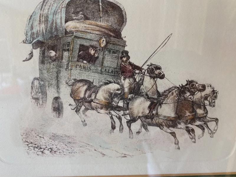 Vintage Framed Print of a French Diligence Stagecoach with Galloping Horses, Green Double Mat and Wood Frame, 40 × 33 cm