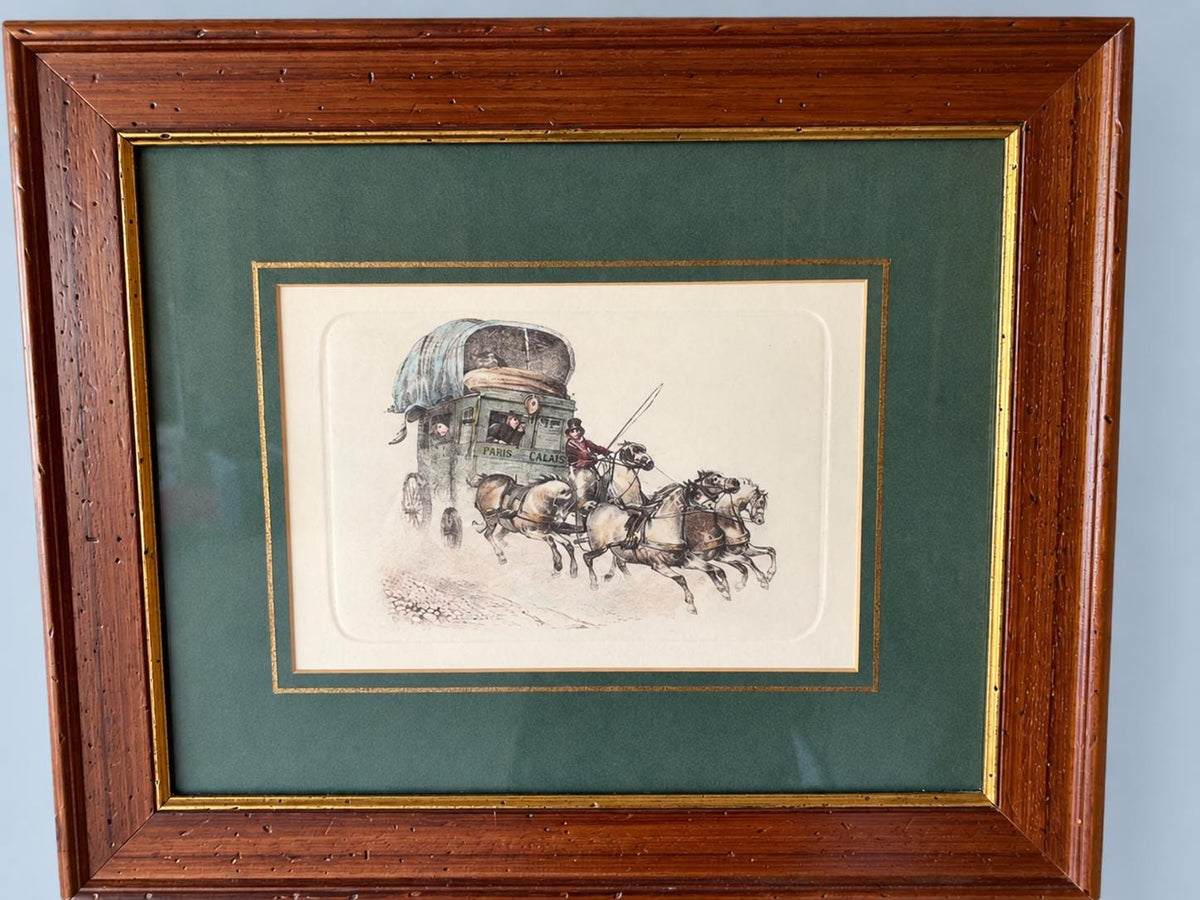 Vintage Framed Print of a French Diligence Stagecoach with Galloping Horses, Green Double Mat and Wood Frame, 40 × 33 cm