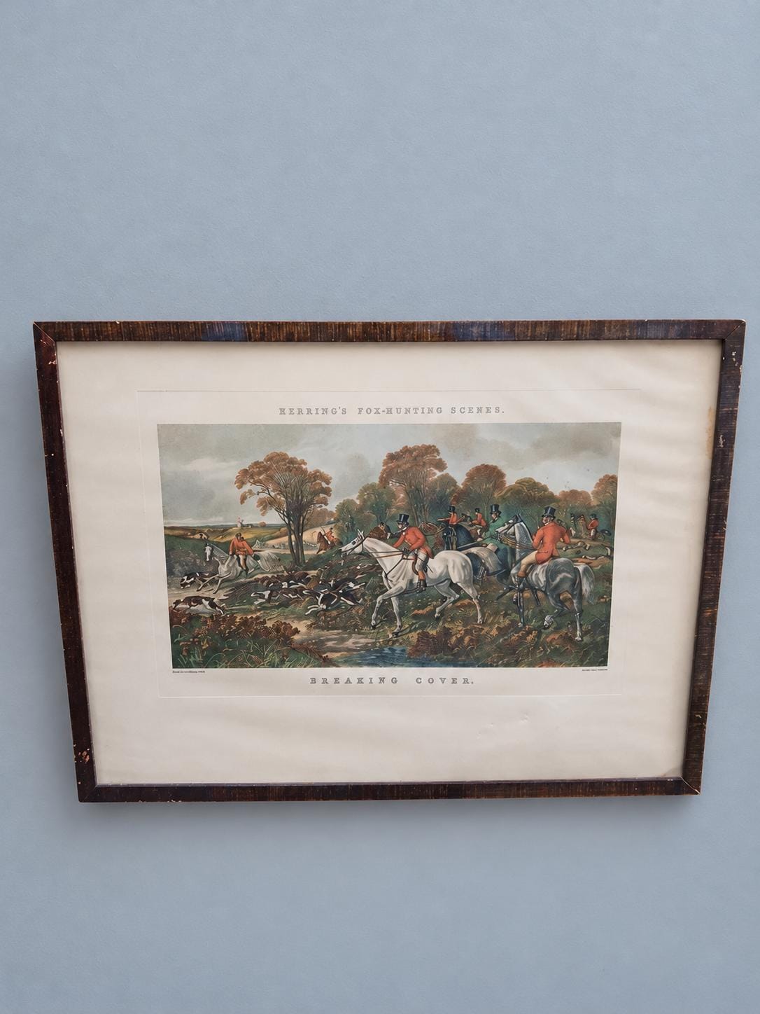 Vintage Breaking Cover Fox-Hunting Print after Herring, Framed Riders and Hounds Scene, Unglazed, 38 × 29 cm