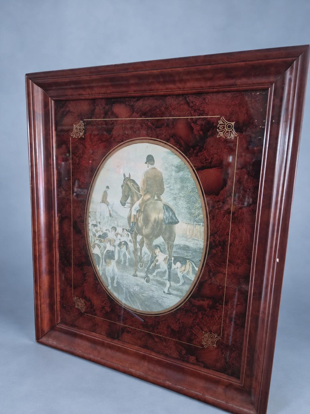 Vintage Framed Hunting Picture, Huntsman on Horseback with Hounds in Oval Mount, Burgundy Marbled Mat and Mahogany-Tone Frame, 41.5 cm