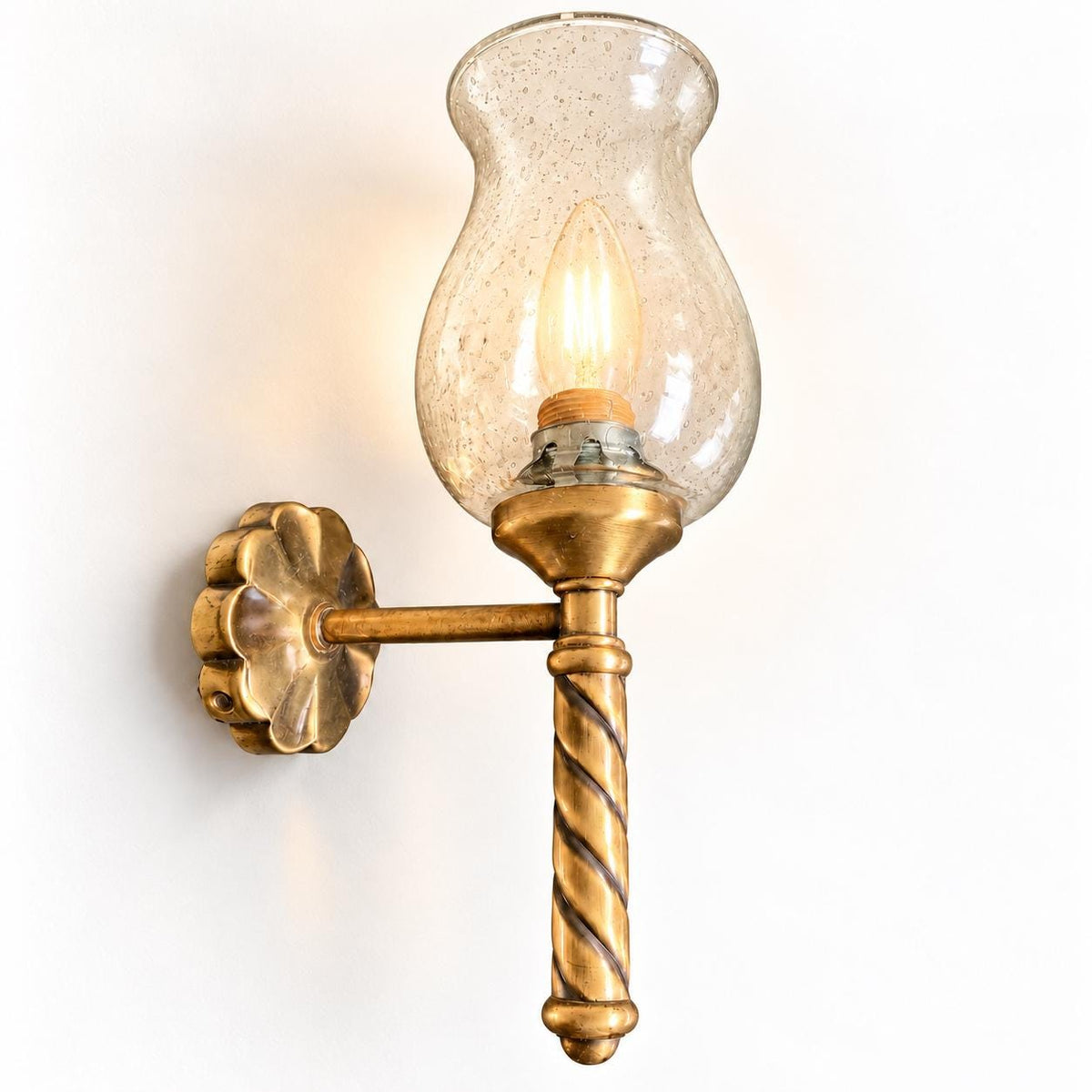 Torch-Style Wall Sconce with Twisted Brass-Tone Column and Clear Seeded Glass Shade, Spare Glass Included, 29.5 cm